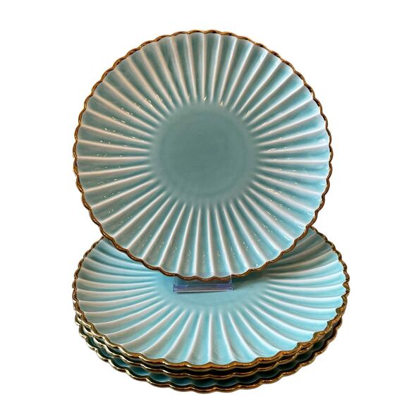 Aqua Ceramic Dinner Plates 11" Turquoise Scalloped Edge Gold Accent Set of 4 New - Picture 2 of 16